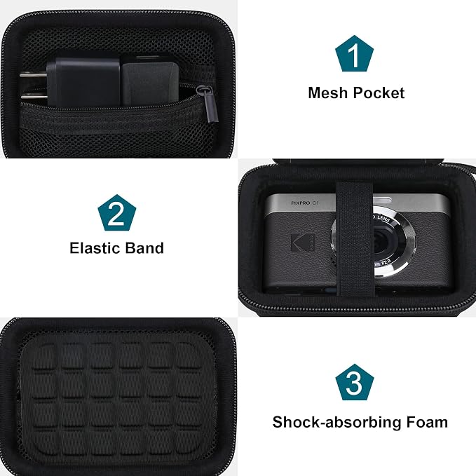 Canboc Carrying Case for KODAK PIXPRO C1 Friendly Zoom Digital Camera | For Canon PowerShot ELPH 360 HS A/ 360 HS/ 360/ IXY 650 Digital Camera, Mesh Pocket fit Cable, SD Card, Black (Case Only) - Image 6