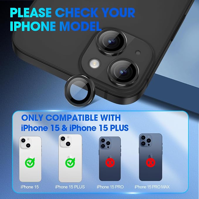 for iPhone 15/iPhone 15 Plus Camera Lens Protector Cover, Black | Individual Metal, 9H Hardness, Scratch Resistant, Shockproof, Drop Protection, Case Friendly, Stylish Accessories - Image 2