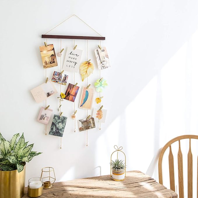 Mkono Hanging Photo Display, 25 Wood Clips Greeting Card Holder, 33"x16.5" | Picture Collage Hanger, Boho Rustic Wall Art, Christmas Holiday Gift, Teen Room Decor, Bedroom Dorm Office Nursery - Image 2