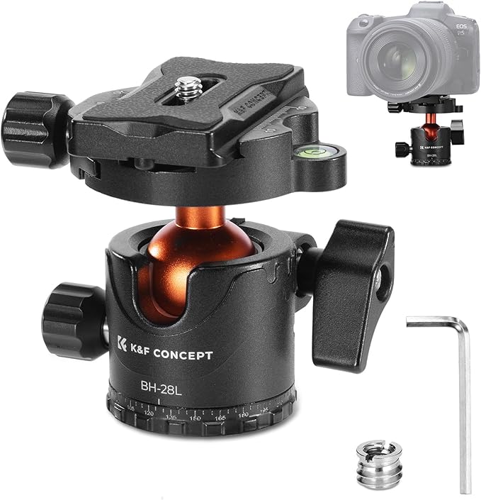 K&F CONCEPT Professional 28mm Metal Tripod Ball Head 360 Degree Rotating Panoramic with 1/4 inch Quick Release Plate Bubble Level for Tripod Monopod Slider Camera Camcorder up to 22 pounds by KFCONCEPT