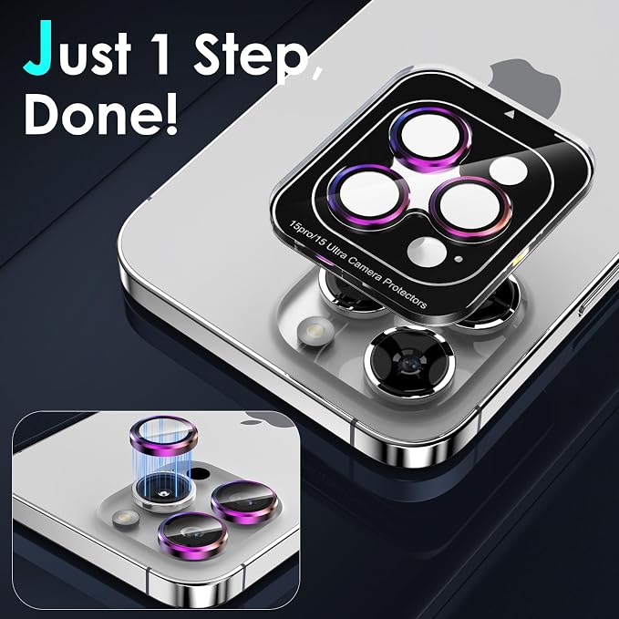 YWXTW CameraLens Protector,[1 Step Installation Tray] Tempered Glass Screen Metal Individual Cover Accessories Case Friendly (Multi-Coloured Titanium) (iPhone 15 Pro/15 Pro Max) - Image 4