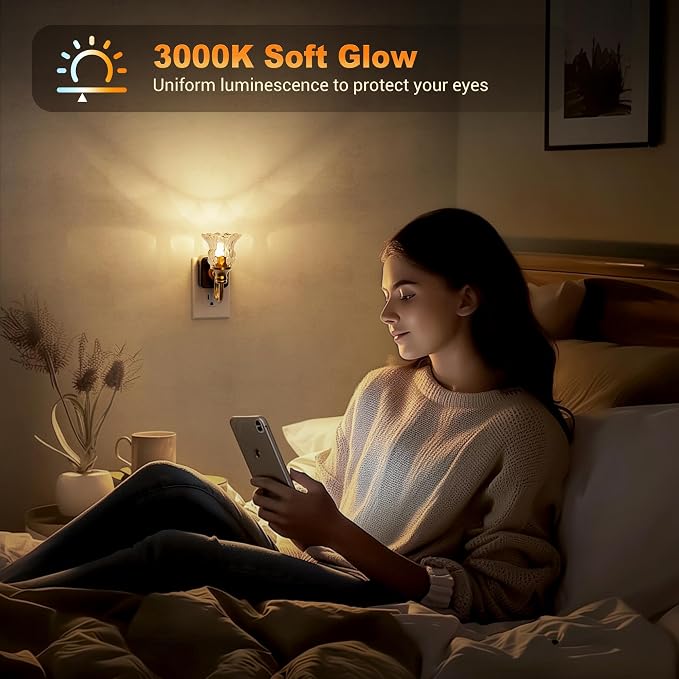 JandCase Night Light, Floral Night Lights Plug into Wall, Glass Nightlight | 0-100LM Dimmable Flower LED Nightlights with Light Sensor, 1W Vintage Nite Light for Bathroom Hallway Gift Vanity Decor - Image 5