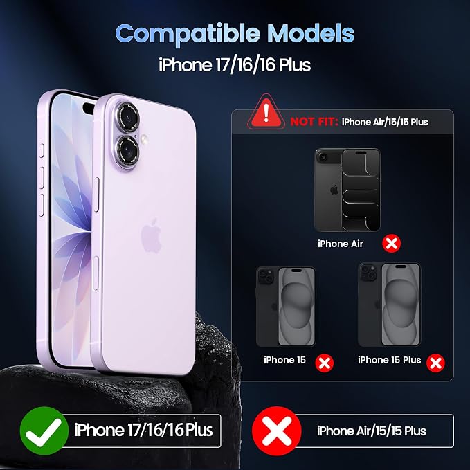 CACOE Metal Camera Lens Protector for iPhone 16/16 Plus/17 Cover | Tempered Glass Cover, Anti-Scratch, Drop-Proof, Strong Adhesion, Camera Screen Cover Accessories, Purple - Image 8