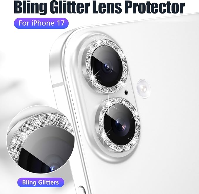 AGVEE 3+3 6 Pack for iPhone 17 Camera Lens Protector Cover | Individual Bling Diamond & Bling Glitter Sparkle Cute Gem Metal Ring, 9H Tempered HD Glass - Image 5