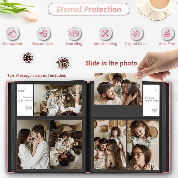 Popotop 4x6 Photo Album Holds 300 Pictures, Vegan Leather Hardcover | 300-Photos Capacity, Acid-Free PP Slip-In Pockets, Mixed-Orientation Layout, Front Photo Window, Gifts for Wedding Baby - Image 3