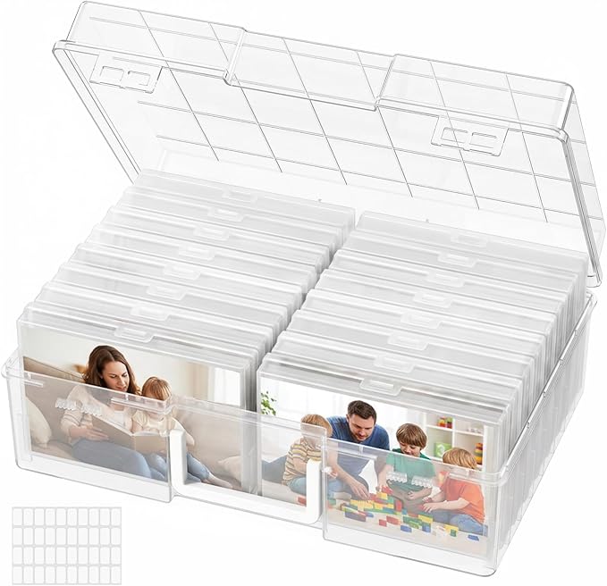 Lifewit 16 Pcs Photo Storage Box for 4"x 6" Pictures, Acid-Free, Clear | 1 Pcs Transport Outter Case with Handle& Labels, Container for Cards, Sticker, Seed, Scrapbooking, Craft, Classroom Supplies by Lifewit