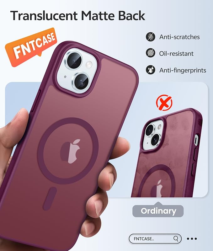 FNTCASE for iPhone 15/14/13 Case, Fit for Magsafe, Glass Screen Protector | Translucent Matte, Magnetic Phone Cases, 14FT Military Grade Drop Protection, Slim Shockproof Protective Cover, Wine Red - Image 6
