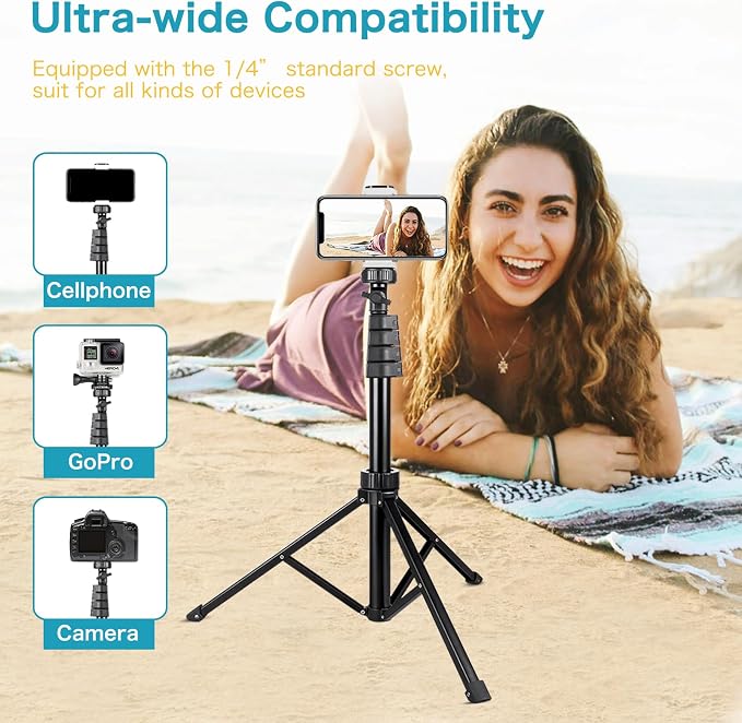 Aureday 67" Phone Tripod, Extendable Cell Phone and Camera Tripod Stand with Wireless Remote & Phone Holder, Aluminum Selfie Stick Tripod - Image 6