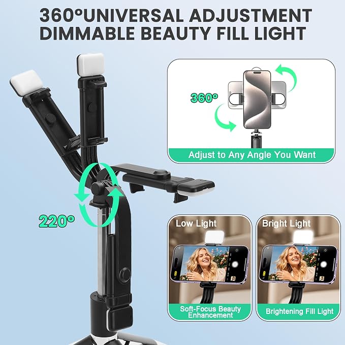 67Inch Extendable Phone Selfie Stick with Wireless Remote, Tripod Stand and Fill Light, Portable, for Photograph, Live Streaming, Video Recording, Compatible with iPhone Samsung Android Gopro - Image 4