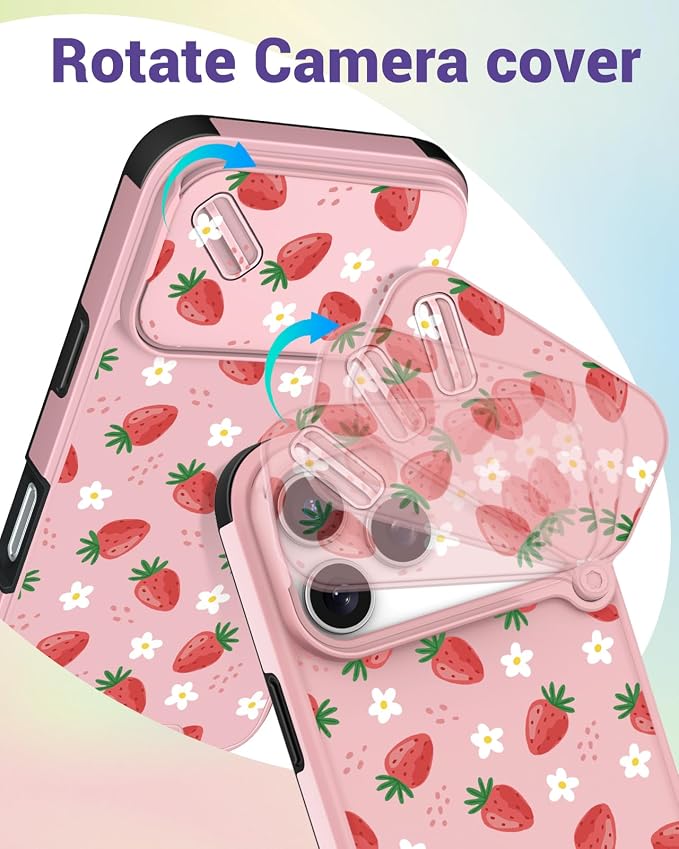 Buleens for iPhone 17 Pro Max Case 6.9 Inch - with Ring Stand & Camera Cover Aesthetic Cute Designed Women Girls Pretty Girly Kawaii Strawberry Phone Case for iPhone 17 Pro Max Compatible with Magsafe - Image 3