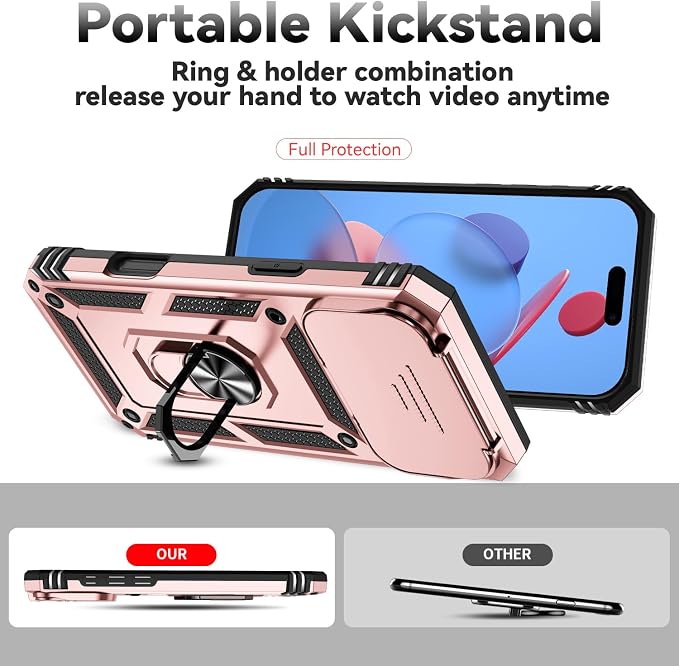 SunStory Phone Case for iPhone 17 Pro Max with HD Screen Protector & Slide Camera Cover & Rotated Ring Kickstand, [Military-Grade] Phone Case for iPhone 17 Pro Max, Rose Gold - Image 2
