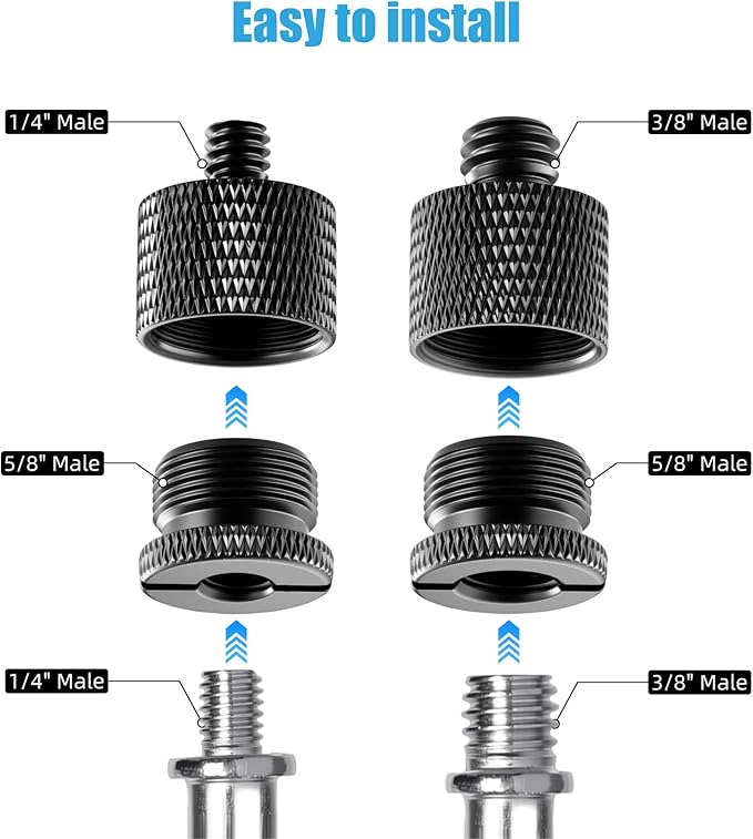 Mic Stand Adapter Set, 5/8 to 3/8 & 1/4 Thread Adapter | 8 Pack, 4 Thread Sizes, Aluminum Alloy, Knurled Grip, Precision Threads, Fits Mic Stands, Boom Arms & Tripods - Image 4