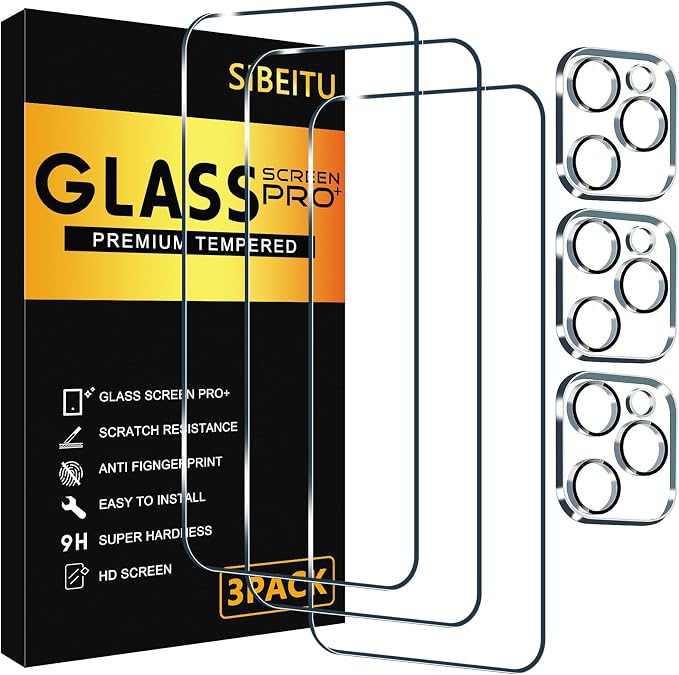 SIBEITU 3+3 Pack Screen Protector for iPhone 16 Pro Max 6.9" Tempered Glass | 3 Pack Screen + 3 Pack Camera Lens Protector, 6.9 Inch HD Clear 9H Hardness, Scratch Resistant, Case Friendly by SIBEITU