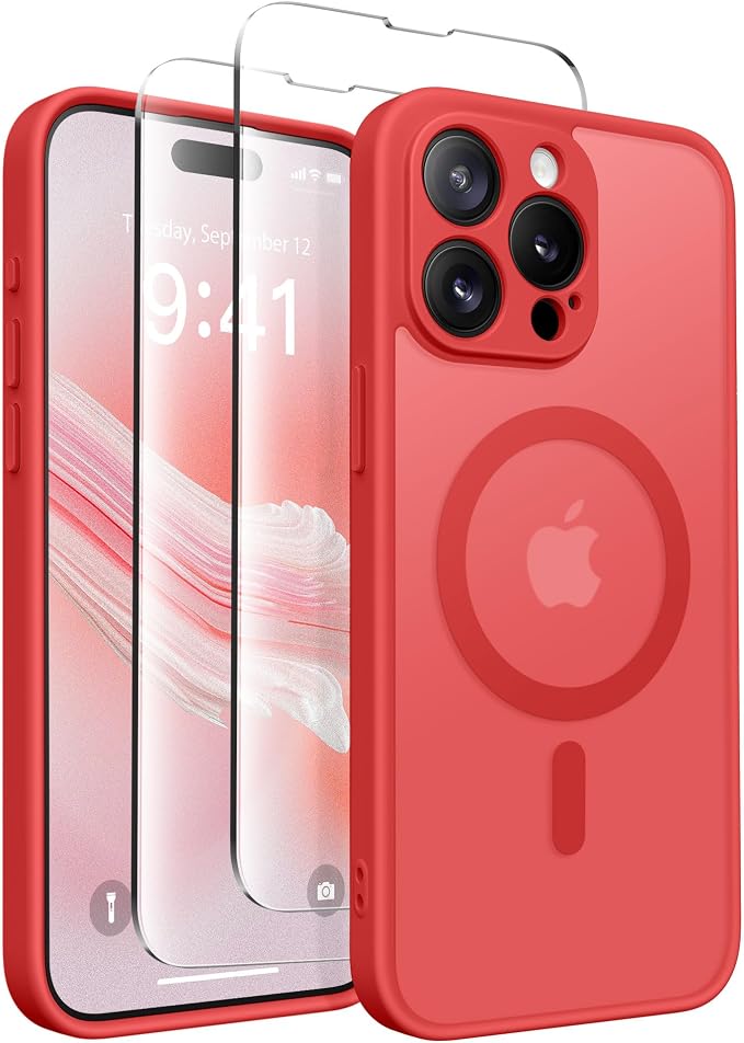 CAPRARO for iPhone 15 Pro Case, Compatible with MagSafe | Upgraded [Full Camera Protection] Shockproof Protective Slim Translucent Matte Magnetic Phone Case 6.1'', Watermelon Red by CAPRARO