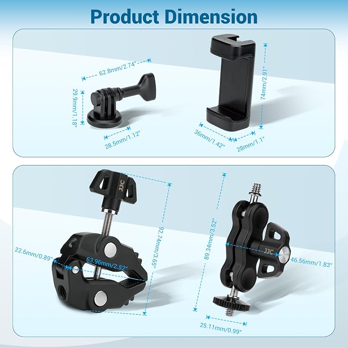 JJC DSLR Super Clamp Camera Mount,Dual Ball Head,w. 1/4"-20 3/8"-16 Thread | Aluminum Pole Mount for Monitor,with Action Camera Mount and Phone Clip,Universal Crab Clamp for Desk Tripod Tube Rod - Image 6