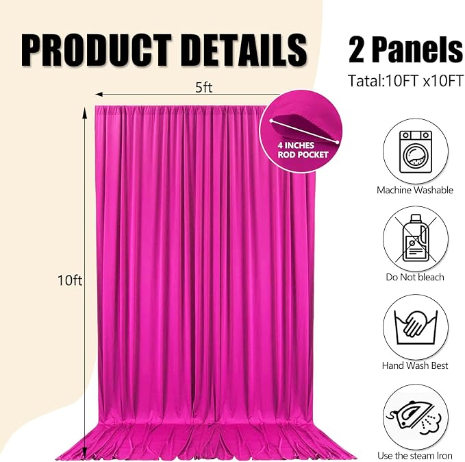 10ft x 10ft Fluorescent Fuchsia Backdrop Curtains for Parties, Polyester Fabric Backdrop Drapes with Rod Pockets for Weddings, Birthday, Halloween, Christmas Party Background Curtain, 2 Panels - Image 2
