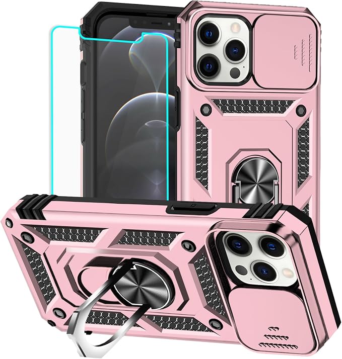 HNHYGETE for iPhone 12 Pro Max Case with Screen Protector: [Military Grade 20ft. Drop Tested] Slide Camera Cover Ring Shockproof Protective Phone Case for - iPhone 12 Pro Max (Rose Gold) by HNHYGETE