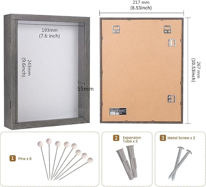 Muzilife 8x10 Shadow Box Picture Frame, 2.16 Deep, Real Glass, Texture Gray | FSC-Wood, Magnetic Door, Linen Interior & Pins, Vertical, Horizontal Wall Hanging, Display Case Frame for Photos & Keepsakes - Image 2