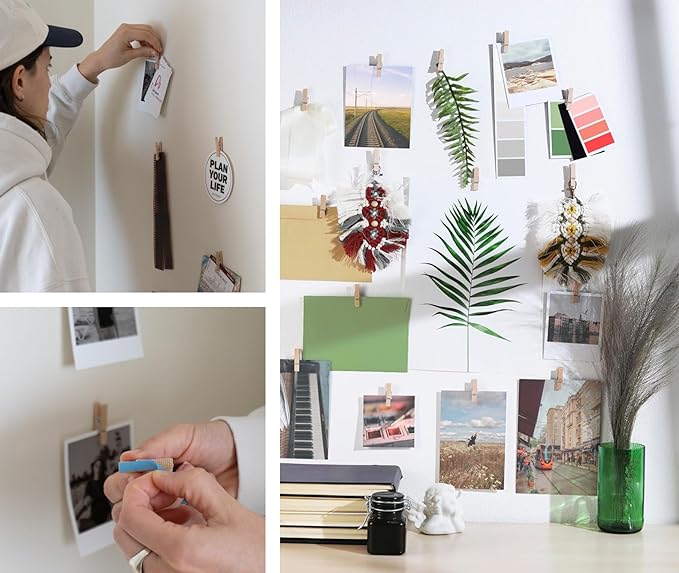 20 Pack Mini Self Adhesive Clips for Pictures - Beige Wood Clip Photo Holders for Wall, Poster Hanger, Photo Cards Hanging Display Board & Picture Boards, Artwork Photos Holders Hangers Room Decor - Image 2