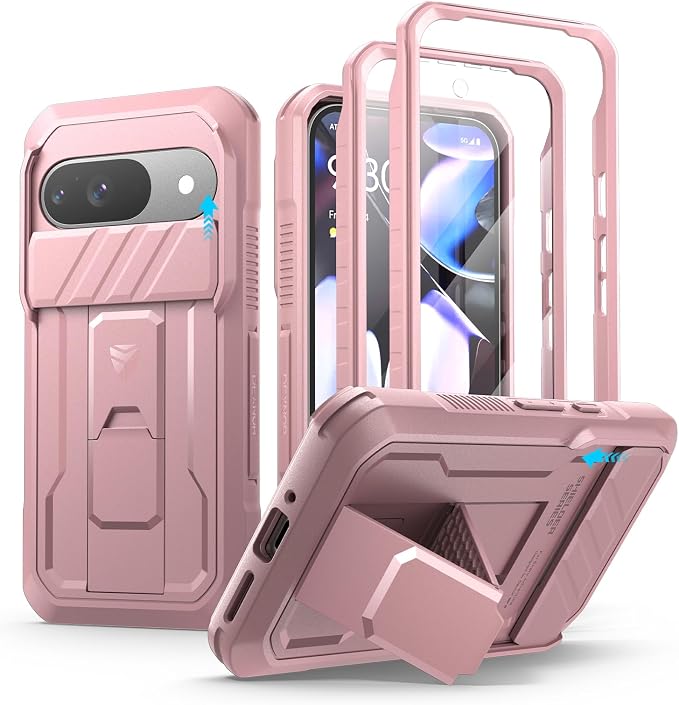 Dexnor for Google Pixel 9 Case with Slide Camera Cover & Built-in Screen Protector & Heavy-Duty Kickstand,Full-Body Protective Cover Rugged Bumper Cases for Pixel 9,Peony Pink(2024) by Dexnor