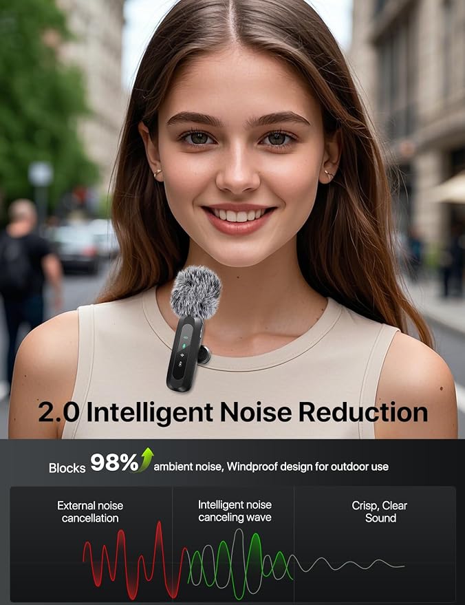 Upgraded 2 Pack Mini Clip on Microphone With LED Display, Wireless Lavalier Microphone for iPhone, HD Noise Cancelling, Portable Lapel Mic for Recording Video Podcast Vlogg Content Creator interview - Image 2