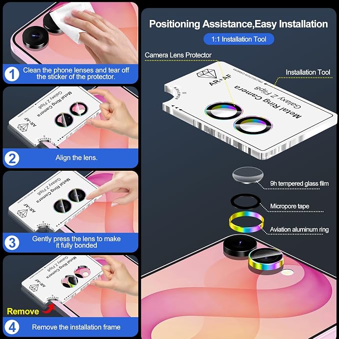 for Samsung Galaxy Z Flip 8 Camera Lens Protector, Individual Metal Ring Tempered Glass Lens Cover, [Strong Adsorption] Scratch Resistant Ultra-Thin HD Clear Lens Cover, 1 Set-Colorful Ring - Image 7