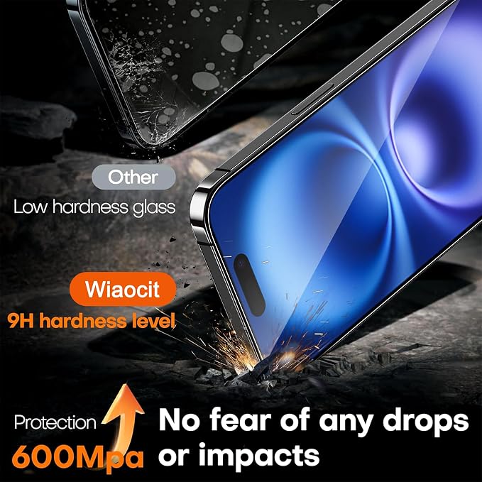 Wiaocit Tempered Glass Privacy Screen Protector for iPhone 16 Plus | 3+3 Pack, 9H Hardness, Camera Lens Protector, Installation Frame, Bubble Free, Case Friendly - Image 4