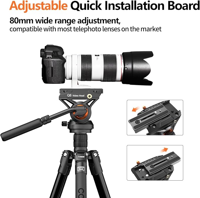 Fluid Head Tripod for DSLR Camcorder,Camera Monopod Tripod 360° Pan&+90°/-70° Tilt,New Q6 Fluid Head Aluminum Alloy QR Plate Compatible with DJI RS Gimbal Manfrotto Max Load 17.6lb (KX3939Plus - Image 5