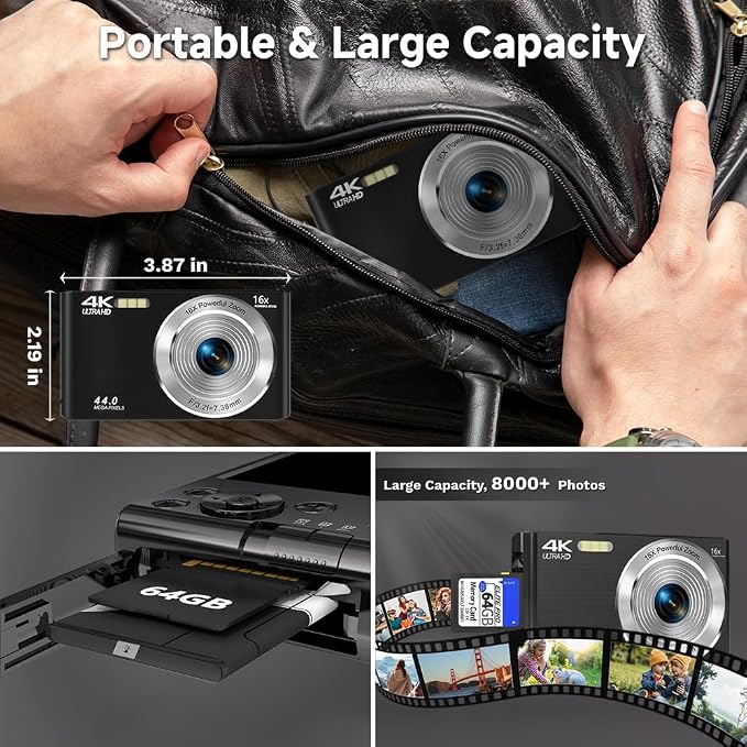 Digital Camera 4K, 2026 Upgrade Black Cameras for Teens, Autofocus Digital Point and Shoot Camera for Kids with 16X Zoom, 64GB SD Card, Compact Small Camera for Boys Girls Teens Kids Gift - Image 6