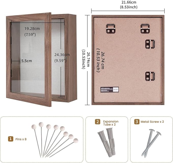 Muzilife 8x10 Shadow Box Wood Picture Frame, 2.16 Deep, Real Glass, Brown | FSC-Wood, Magnetic Door, Linen Interior & Pins, Vertical, Horizontal Wall Hanging, Display Case Frame for Photos & Keepsakes - Image 3