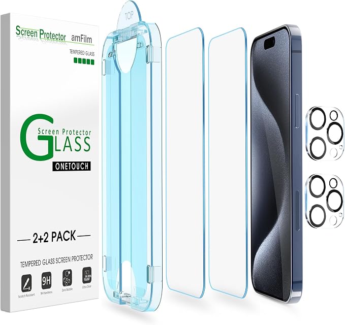 amFilm OneTouch for iPhone 15 Pro Max Screen Protector 6.7'' Tempered Glass | Auto-Alignment, 30s Install, Bubble Free, Scratch & Drop Protection, HD Clear, Camera Lens Protector, 2+2 Pack (15P-6.7'') by amFilm