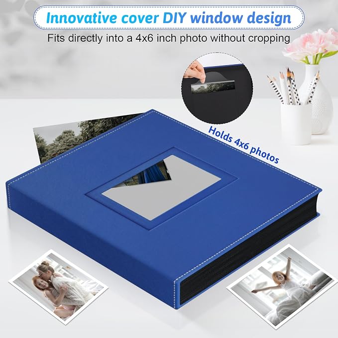 Popotop 4x6 Photo Album Holds 300 Pictures, Vegan Leather Hardcover | 300-Photos Capacity, Acid-Free PP Slip-In Pockets, Mixed-Orientation Layout, Front Photo Window, Gifts for Wedding Baby - Image 2
