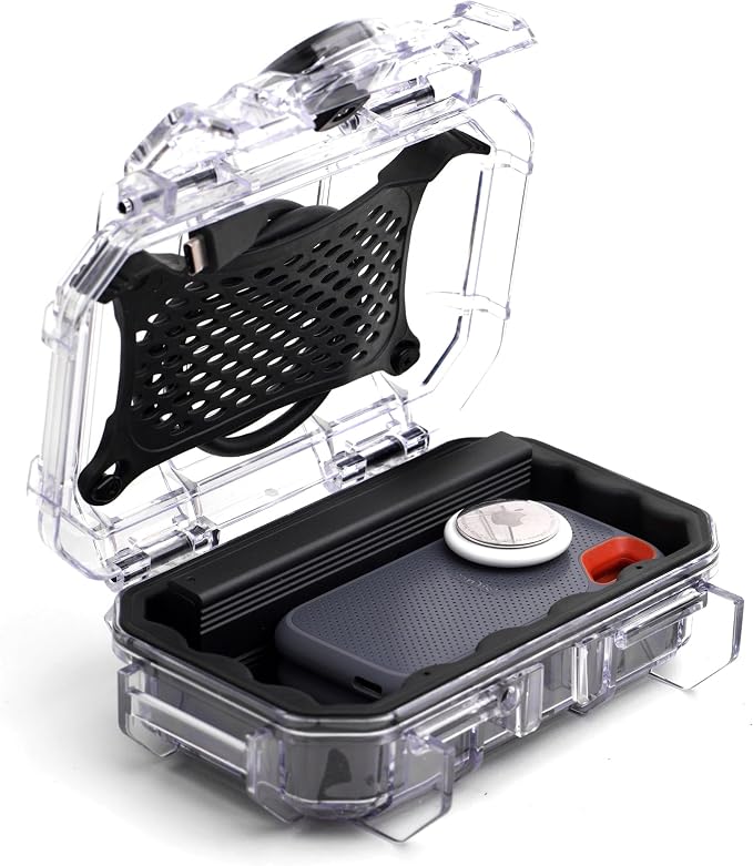 Evergreen Dry Box Tech Organizer – For Camera, Cables, Hard Drives, Memory Cards, Keys, Compatible with GoPro, Airtags (Small, Rubber Boot, Clear) by EvergreenCases
