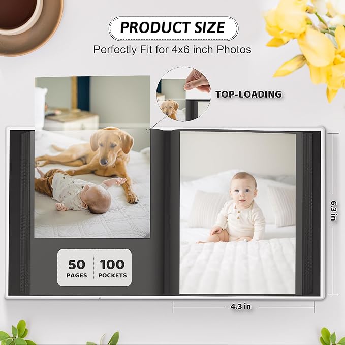 Popotop 4x6 Photo Album Holds 100 Pictures, Vegan Leather Hardcover | 100 Photos Capacity, Acid-Free Clear Slip-In Pockets, Compact Format, Front Photo Window, Gifts for Family Wedding Baby - Image 3