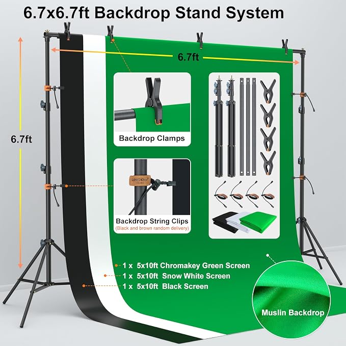 LINCO Lincostore Photo Video Studio Light Kit AM169 | Photography lighting kit, 3 muslin backdrop (black/white/green), softbox & carry bag; for portrait, video, product shoots - Image 4