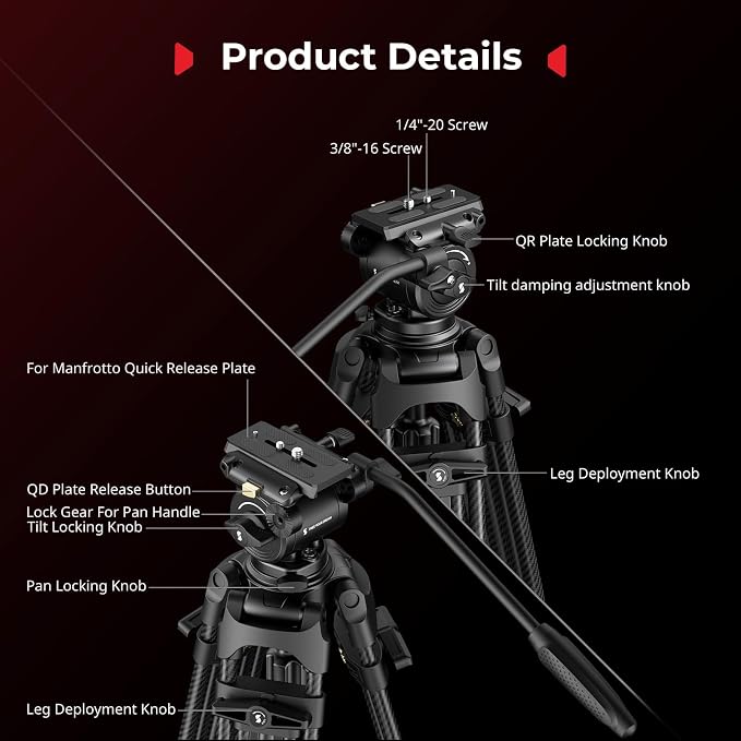 SmallRig FreeSpeed Heavy Duty Carbon Fiber Video Tripod, 73" Camera Tripod with Fluid Head for Manfrotto Plate, One-Knob Quick Extend, 75mm Bowl, Weigh 7.5lb, Load up 22lb for DSLR Camera, Camcorder - Image 6