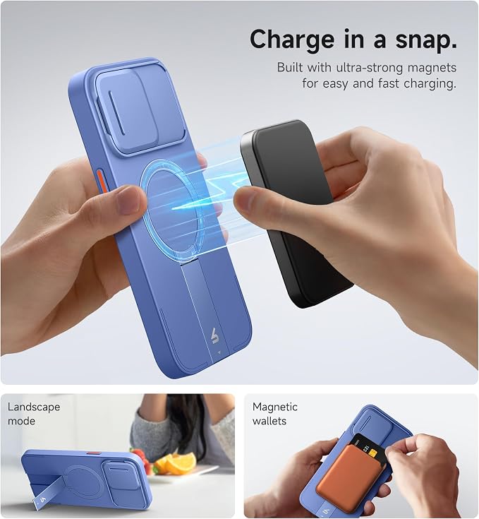 SURITCH for iPhone 15 Pro Max Case with Magnetic Camera Slide Cover and Adjustable Kickstand, Compatible with MagSafe, Shockproof Bumper Case Slim Protective Cover 6.7 Inch, Starlight Blue - Image 3