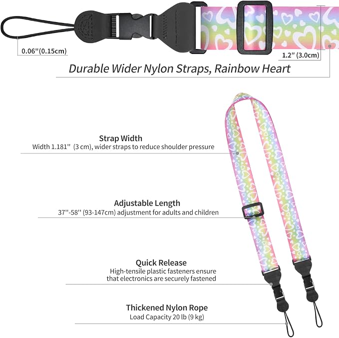 FIEIL Adjustable Shoulder Strap, Nylon Camera Strap, Comfortable Neck Strap for iPad, Cellphone Tablet, Camera, Laptop, Binocular, Luggage Bag (Rainbow Heart Universal Lanyard) - Image 6