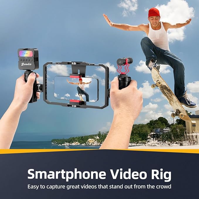Zeadio Professional Video Rig Stabilizer Kit, Handheld Stabilizer with Aluminum Phone Cage, Action Camera Adapter, Compatible with Phones DSLR Camera for Vlogging YouTube TikTok Filmmaking etc - Image 6