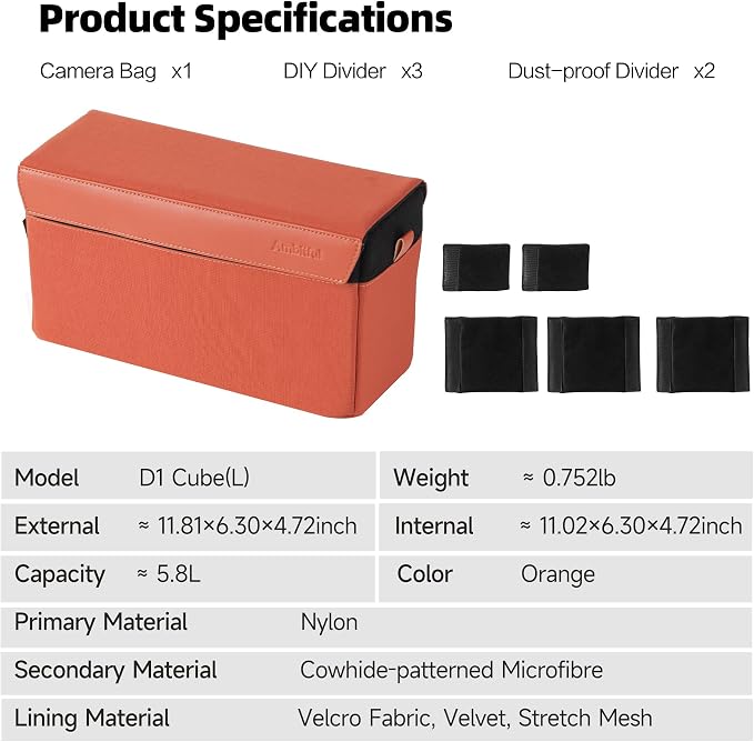 AMBITFUL D1 Cube Camera Insert, Medium/Large Padded Organizer with Dividers for Mirrorless DSLR, Black/Apricot (Orange, L (5.6L)) - Image 9