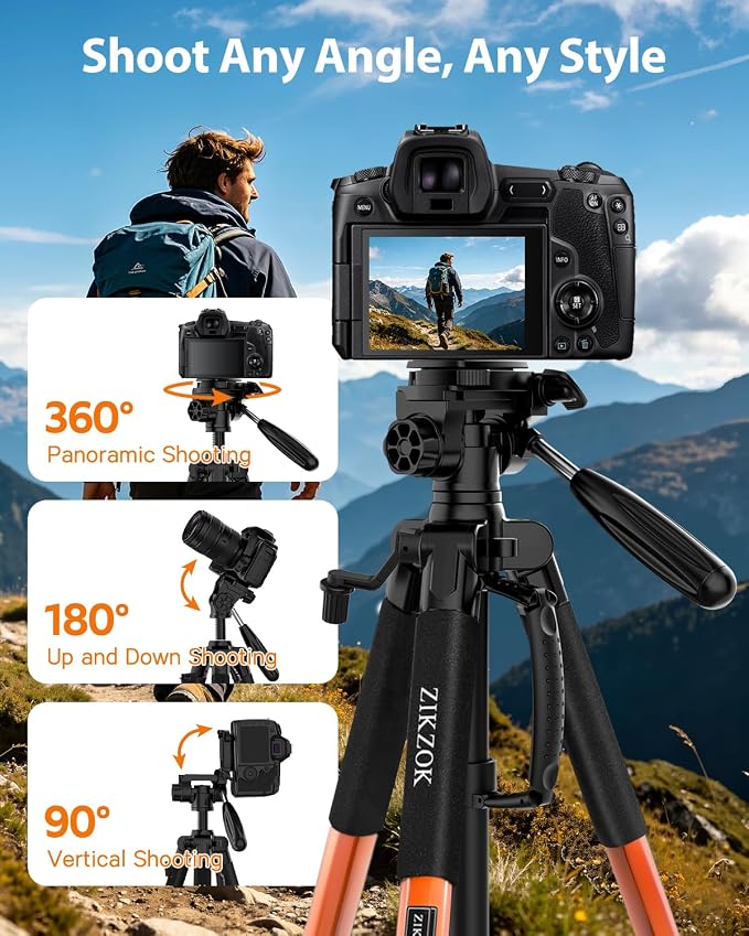 75inch Camera Tripod for ipad iPhone, Heavy Duty Aluminum Tripod with 360° Panoramic Ball Head,Compatible with Canon/Nikon/Sony DSLRs (Load 15 lbs for Travel/Live Streaming/Macro Shooting) - Image 7