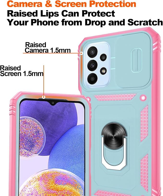 Gritup for Galaxy A23 5G Case Military-Grade Shockproof with Kickstand | (   ) with 2 PCS Screen Protector, Slide Camera Cover, Heavy Duty Funda para A 23 5G Cover, Green+Pink - Image 5