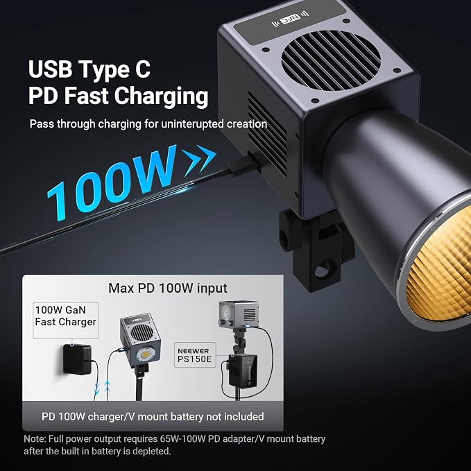 NEEWER 60W Mini LED Video Light with 50Wh Battery/100W PD Fast Charging, APP/2.4G Control/NFC, Bi Color Dimmable COB Studio Continuous Output Lighting 44,800 lux/1m 2700-6500K CRI97+ 12 Scenes, HB60B - Image 4