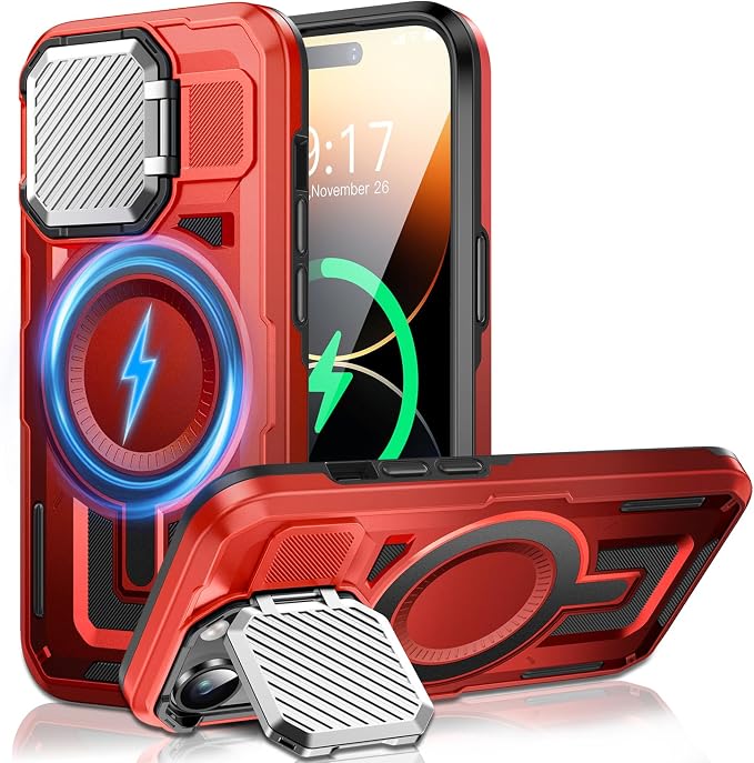 Camera Stand Case for iPhone 14 Pro, [Compatible with MagSafe] [Lens Cover] 2024 Version Military Grade Protective Soft Case for iPhone 14 Pro 6.1 inch Men Women, Red by WASTROYAL