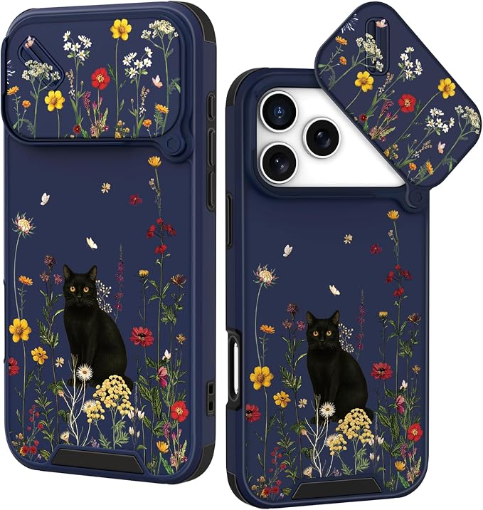 for iPhone 17 Pro Case - Women Cute Phone Cover Girly Pretty Fancy Unique Aesthetic Design Slide Camera Cover Protective Case for Apple for iPhone 17 Pro, Black Cat by Goocrux