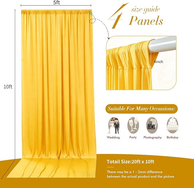 20 ft x 10 ft Wrinkle Free Yellow Backdrop Curtain for Parties, Ginger Polyester Photo Backdrop Drapes,Thick Background 4 Panels 5ft x 10ft for Baby Shower Wedding Birthday Party Backdrop Stand - Image 7