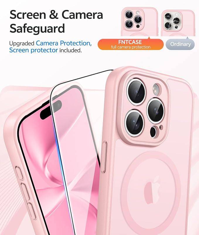 FNTCASE for iPhone 15 Pro Max Case, Fit for Magsafe, Glass Screen Protector | Full Camera Protection, Translucent Matte, 14FT Military Grade Drop Proof, Shockproof Protective Phone Cover, Light Pink - Image 4