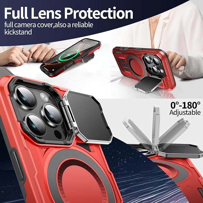 Camera Stand Case for iPhone 16 Pro, [Compatible with MagSafe] [Lens Cover] 2024 Version Military Grade Protective Soft Case for iPhone 16 Pro 6.3 inch Men Women, Red - Image 3