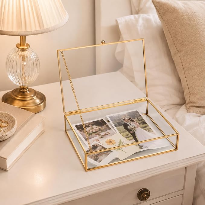 Feyarl Gold Glass Photo Cards Display Box Jewelry Trinket Ring Earring Post Cards Decorative Keepsake Box for Wedding Home Deco Dresser Coffee Table (8.66 x 5.9 x 1.96inch) - Image 6