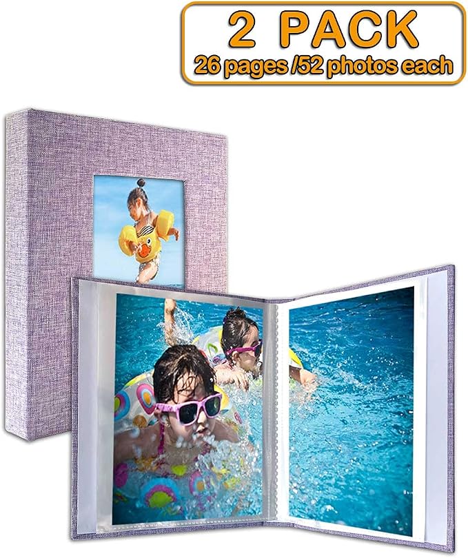 GPIRAL Small Photo Album 4x6 – Clear Pages, Linen Cover with Front Window, Pack of 2, Each Album Holds 52 Photos, Small Brag Book for 4x6 Pictures, Lilac Purple Fabric - Image 3